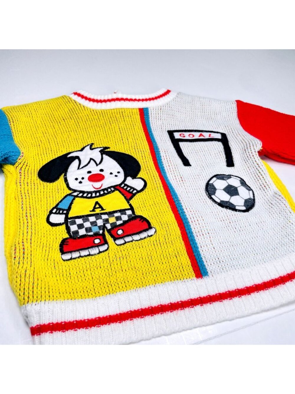 Vintage Color Block Soccer Puppy Long Sleeve Knit Chunky Sweater 24m / 2T - Picture 12 of 13